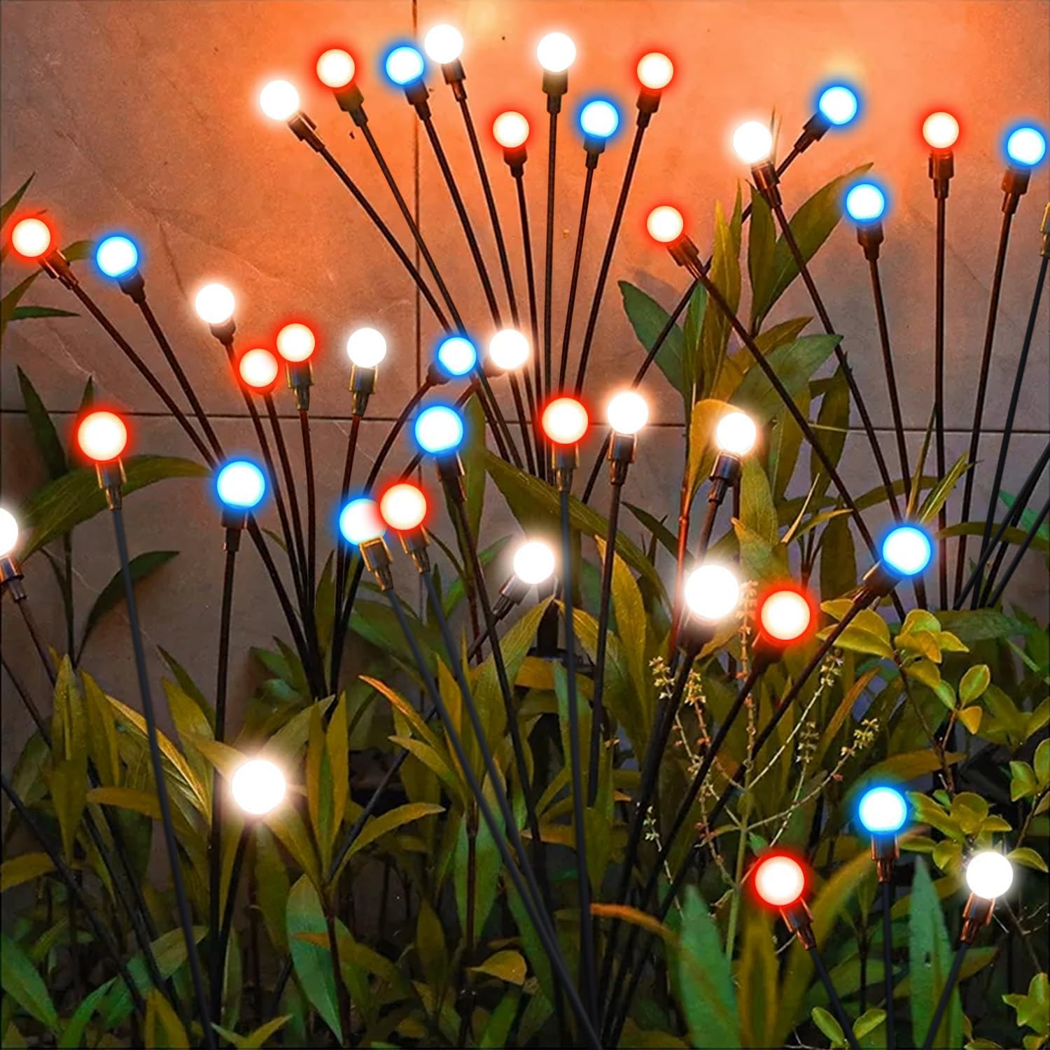 48 LED Red White Blue Firefly Garden Lights Solar Outdoor Waterproof Swaying Garden Lights, for Memorial Day 4th of July Decorations Outdoor Patriotic Garden Lawn Yard Pathway Decor (4 Pack)