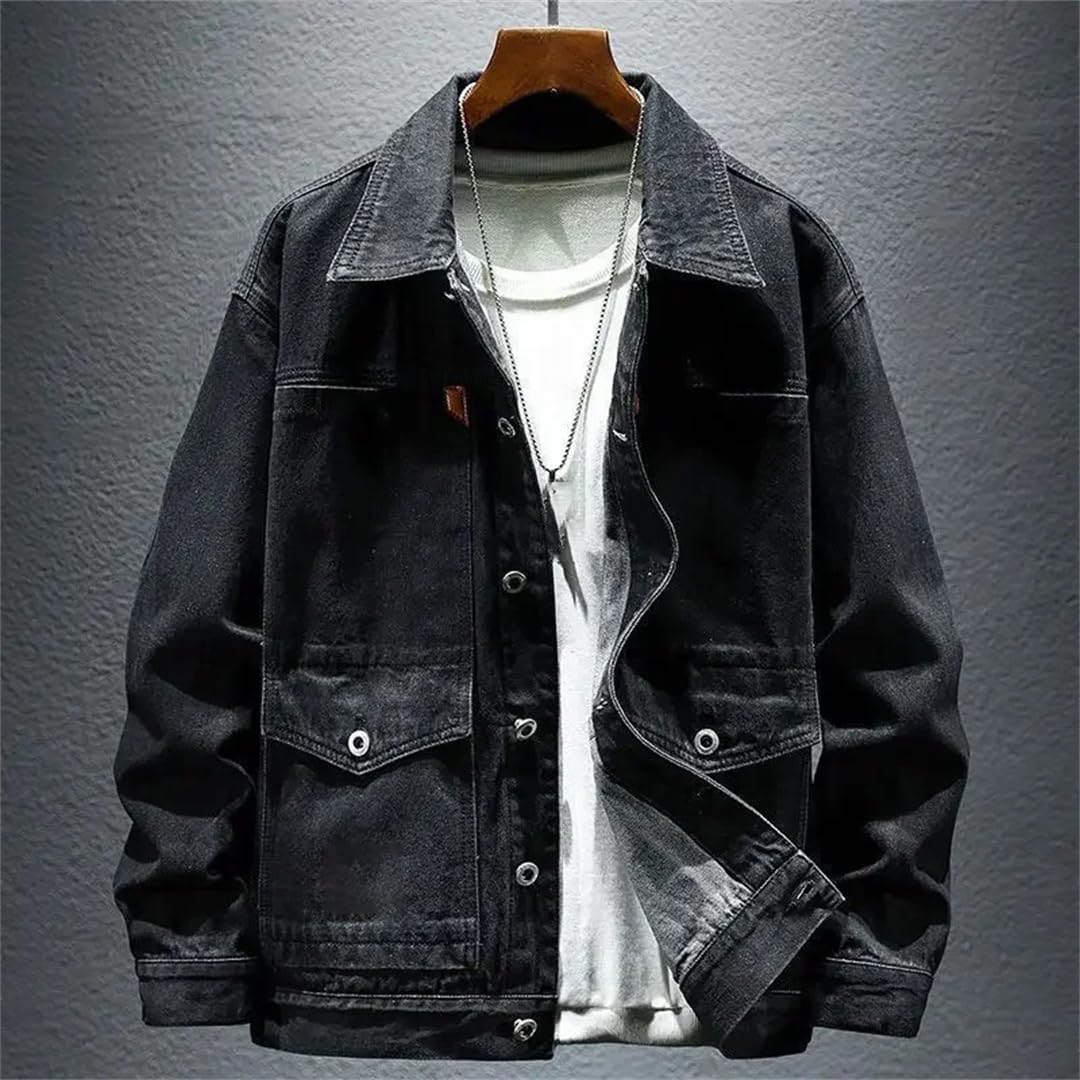 Mens Solid Cargo Denim Jacket Button Front Jeans Coat Casual Outwear Trendy Loose Fit For Daily Use And Style