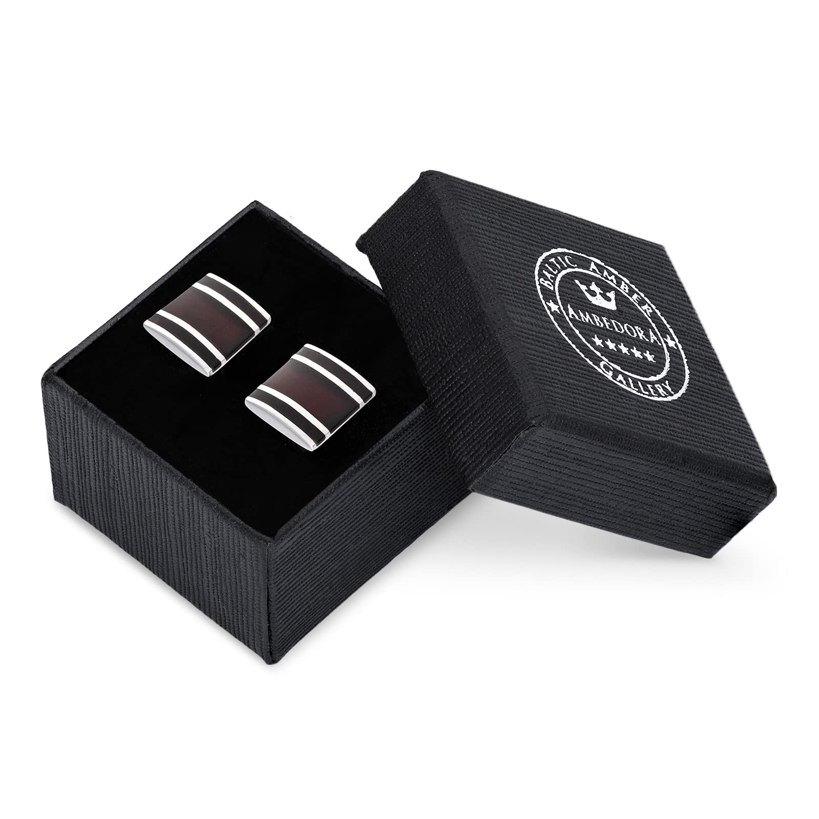 Herren Sterling-Silber 925 Manschettenknöpfe mit Bernstein, Moderne Form, Naturbernstein Kirsche, Geschenkset