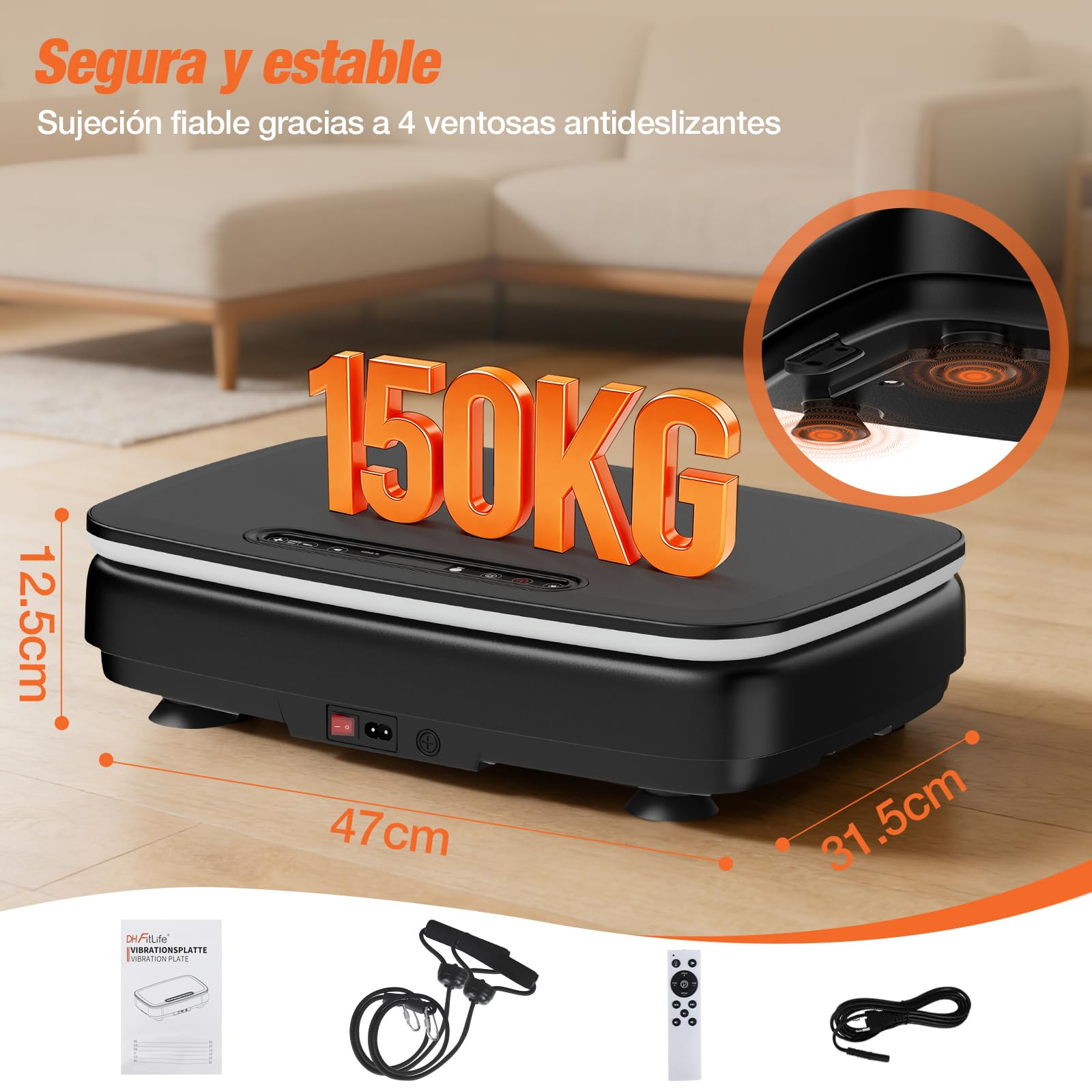 DH FitLife Plataforma Vibratoria Silenciosa y Estable para Casa, 0–99 Niveles, 9 Programas Automáticos, Sin Impacto con Ventosas Antideslizantes, Bluetooth, Bandas y Mando, 150 kg