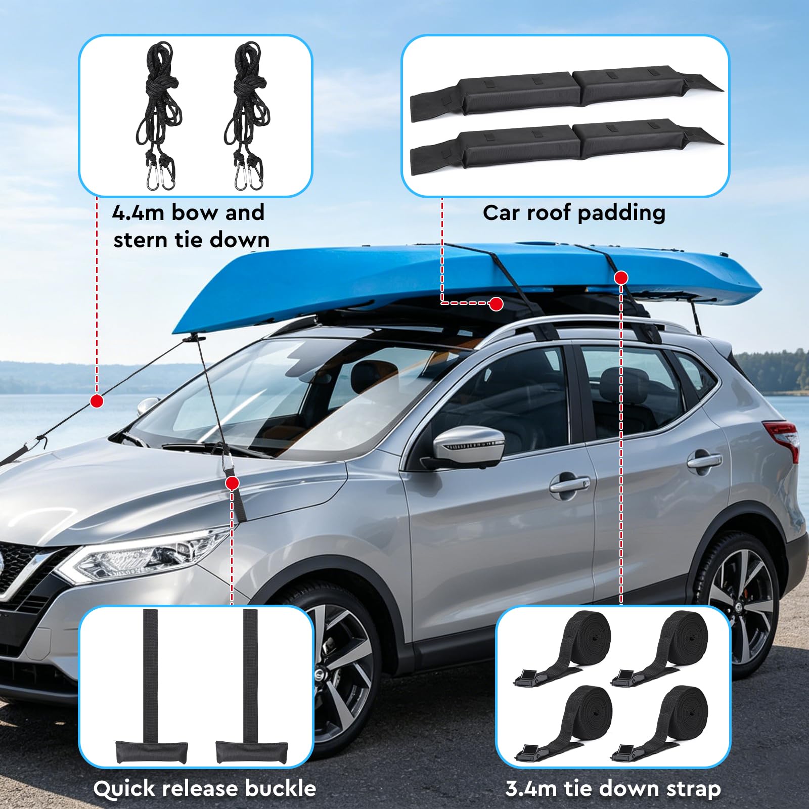 EFUTURETIME Dachträger Universal Dachgepäckträger für Auto ohne/mit Reling | mit dicker Verpolsterung, Dachträgerpolster mit Zurrseilen und Aufbewahrungsbeutel für Kajak, Surfbrett, Skier, Baum