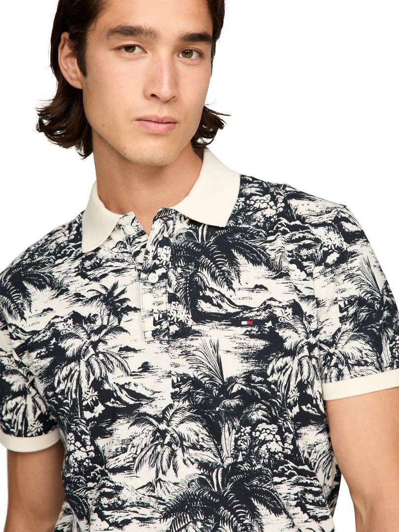 Tommy Hilfiger Mens Short Sleeve Linen Polo Shirts in Regular Fit with Tropical Print Designs - Image 2