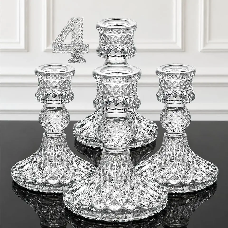 Castiçal de Vidro com 4 Unidades, Candelabro Premium, Alto Brilho, Elegante Porta-Vela