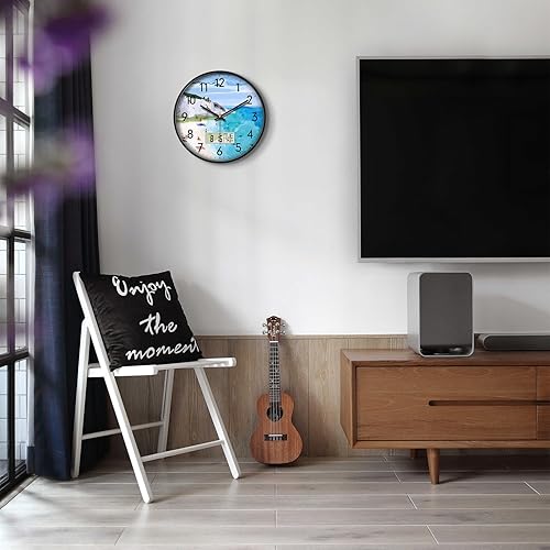 Miniatura 5 de Reloj de pared silencioso con temperatura día y fecha, montaña azul y mar playa, reloj de cocina sin tictac, pantalla grande digital, funciona con