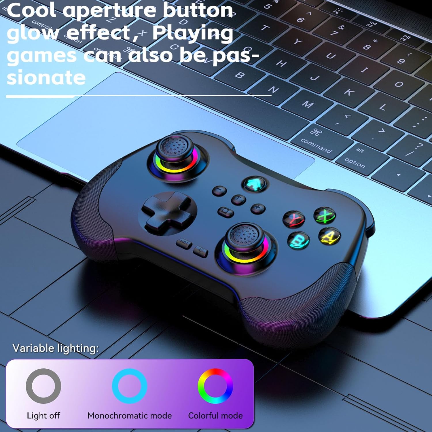 Koiiko Z01 controller with illuminated joysticks and buttons, demonstrating the RGB lighting effects.