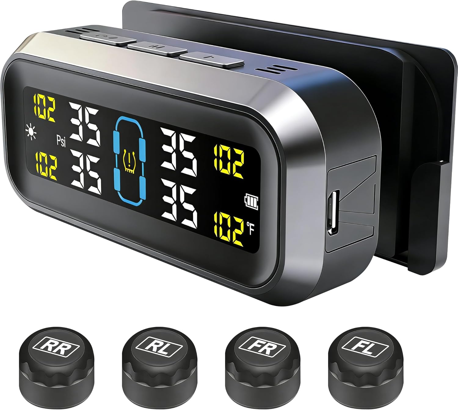 Tire Pressure Monitoring System-TPMS Solar Powered Color LCD Display Real-Time Tire Pressure & Temperature Monitoring with 4 Wireless Sensors 6 Alarm Modes 0-99PSI for Car SUV RV Trailer Truck Safety