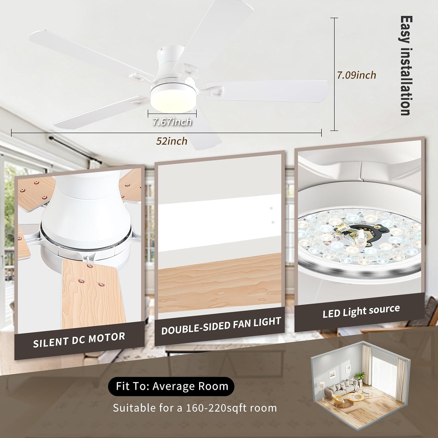 KNUN Ceiling Fans with Lights,52 Inch Low Profile Ceiling Fan with Light and Remote Control,Flush Mount,6 Speeds DC Reversible Motor, 3CCT Dimmable, Noiseless White Ceiling Fan for Living Room,Patio