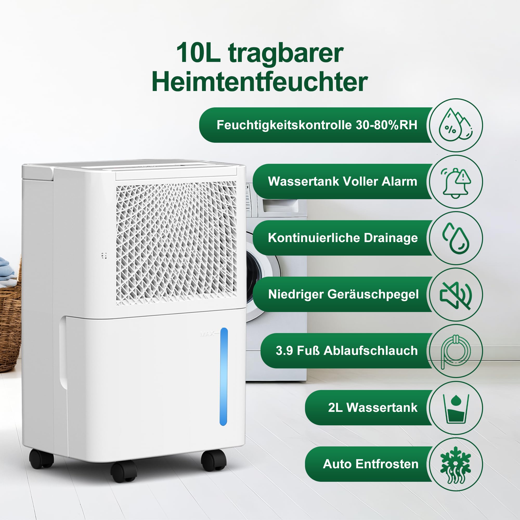 Luftentfeuchter Elektrisch,10L/Tag Hochleistungs Entfeuchter,Raumentfeuchter mit Wäschetrocknung, Ablaufschlauch,Timer und Abtauen, Ideal für Schlafzimmer, Keller, 10 J. Gar (10L Luftentfeuchter)