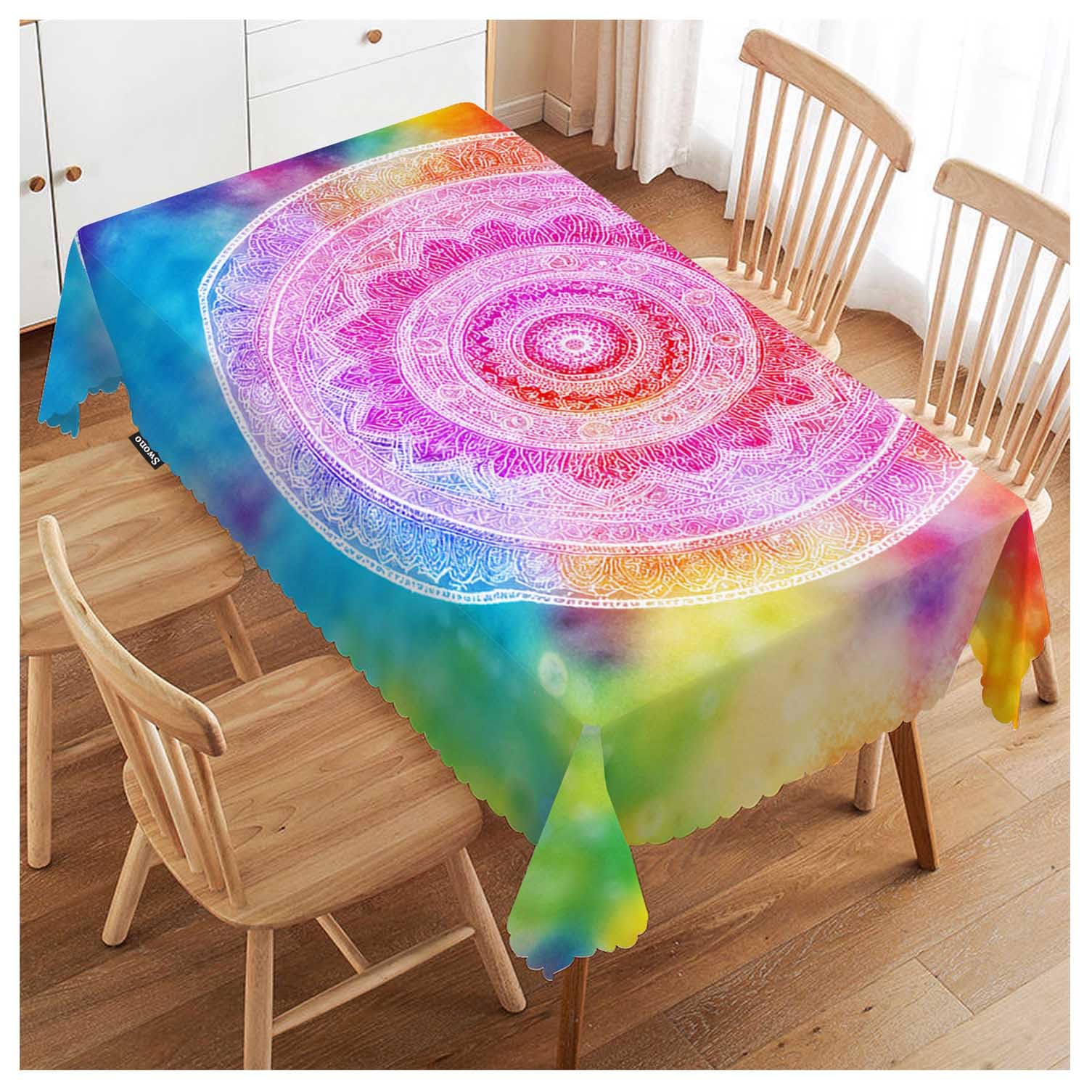 52x70 Inch Mandala Tablecloth Vintage Mandala Floral Rainbow Tie Dye Farmhouse Dining Table Cloth Anti-Stain Talking Table Cover for Kitchen Dinning Room Coffee Store