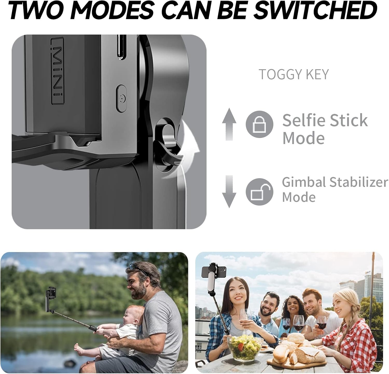 KOSCHEAL Q09 showing two modes: selfie stick and gimbal stabilizer