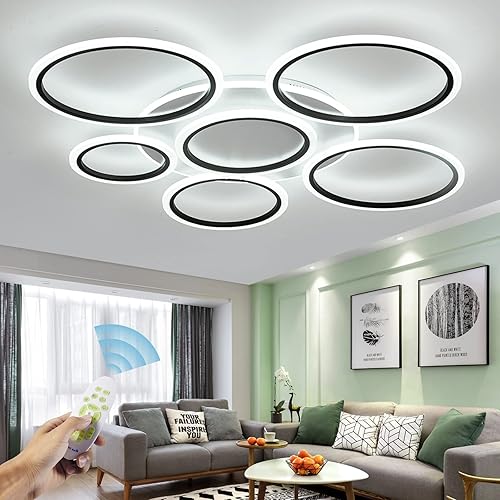 44in Modern Ceiling Light,100W Dimmable Modern LED Ceiling Light,7 Rings Flush Mount Ceiling Light Fixtures,Black Ring with Remote Acrylic Ceiling Lamps for Living Room Bedroom Kitchen