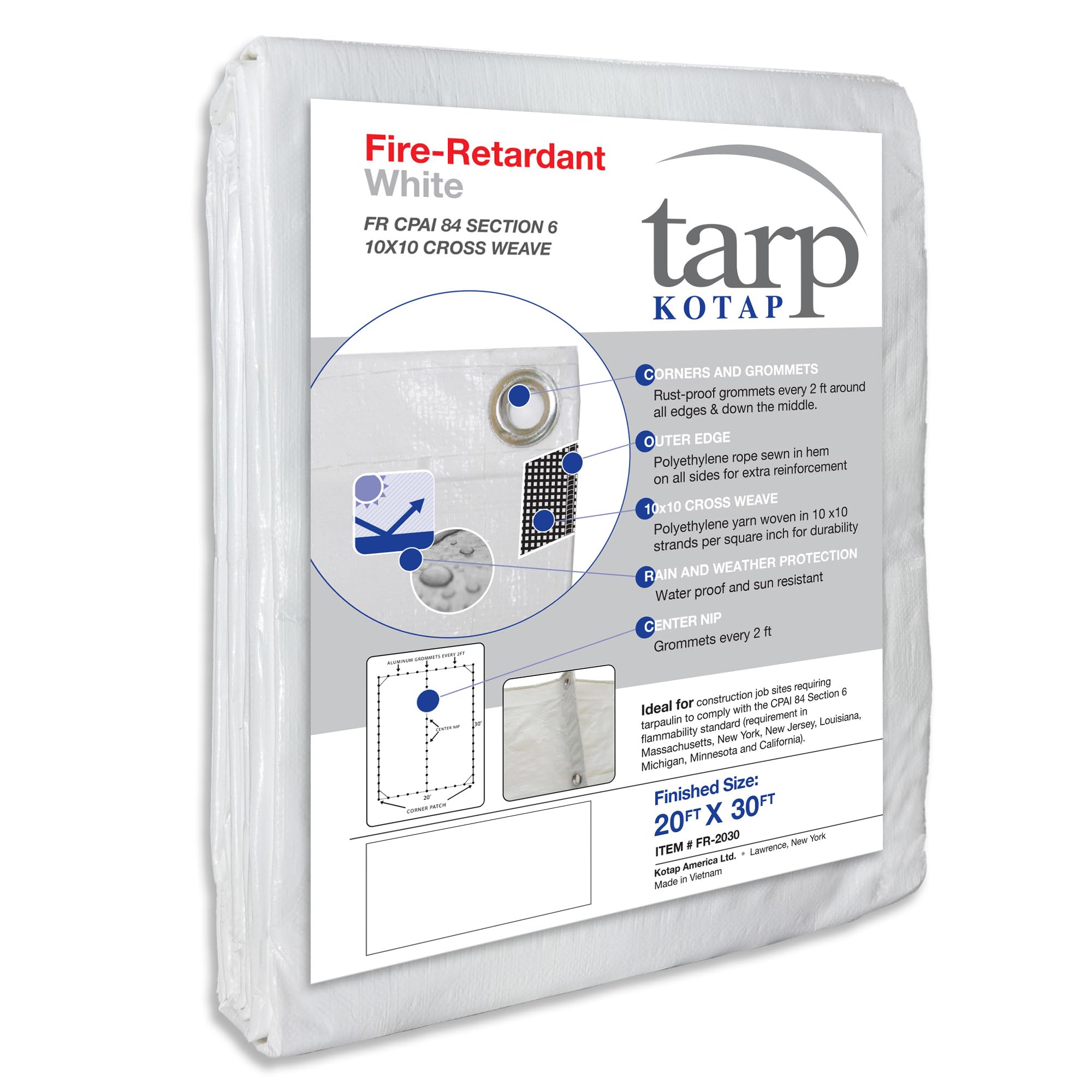 Kotap Fire-Retardant Tarp for Construction Job Sites Requiring Tarpaulin, Aluminum Polyethylene, White, 20 x 30-Foot