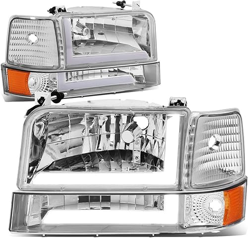 DNA Motoring Par de faros delanteros de barra de luz LED dual compatibles con 92-96 F150 F250 F350 Bronco, cromoámbar, HL-LB-F15092-6P-CH-AM