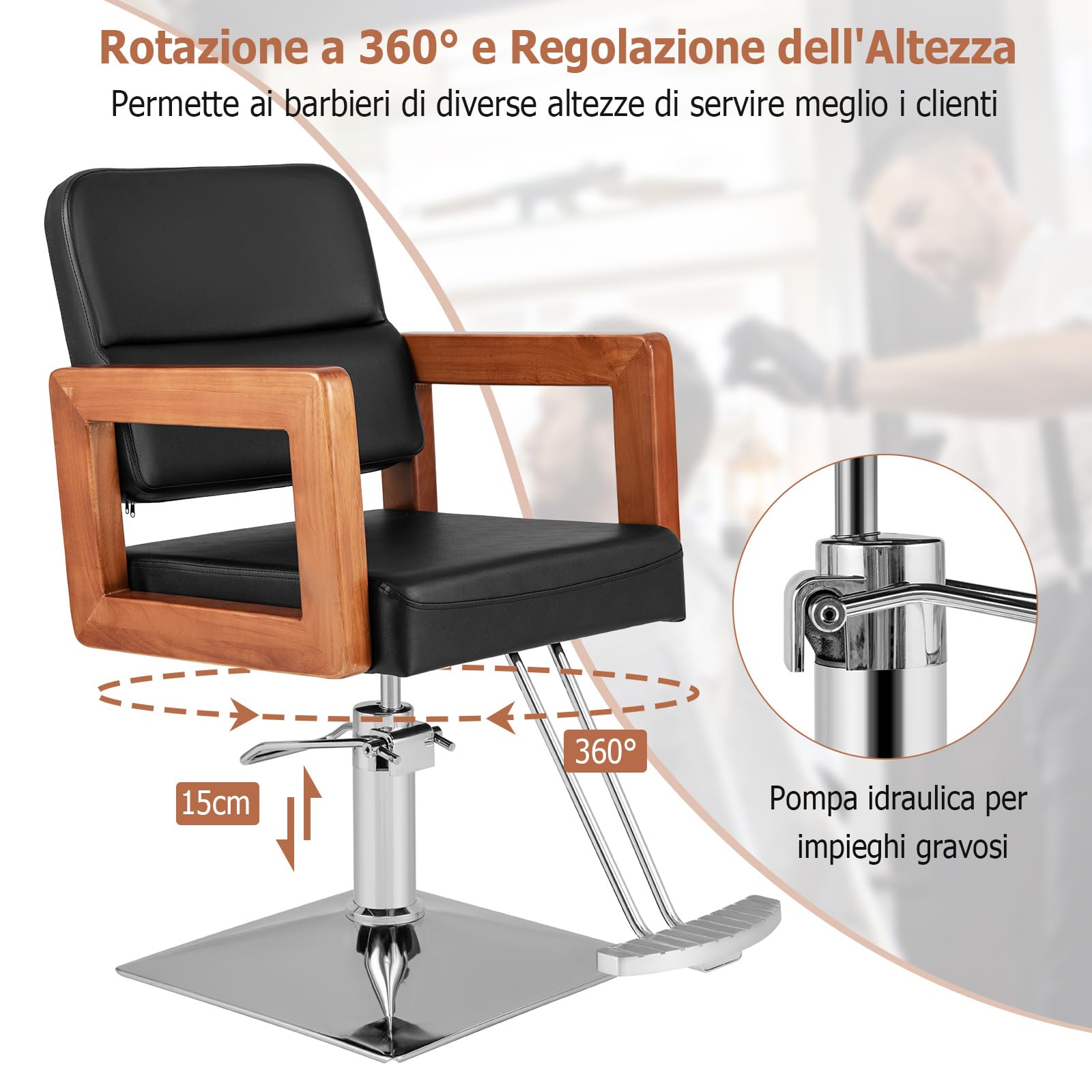 COSTWAY Poltrona da Barbiere, Sedia da Barbiere Girevole a 360°, Regolabile in Altezza 50-65 cm, con Braccioli in Legno Massello, Portata 250 kg