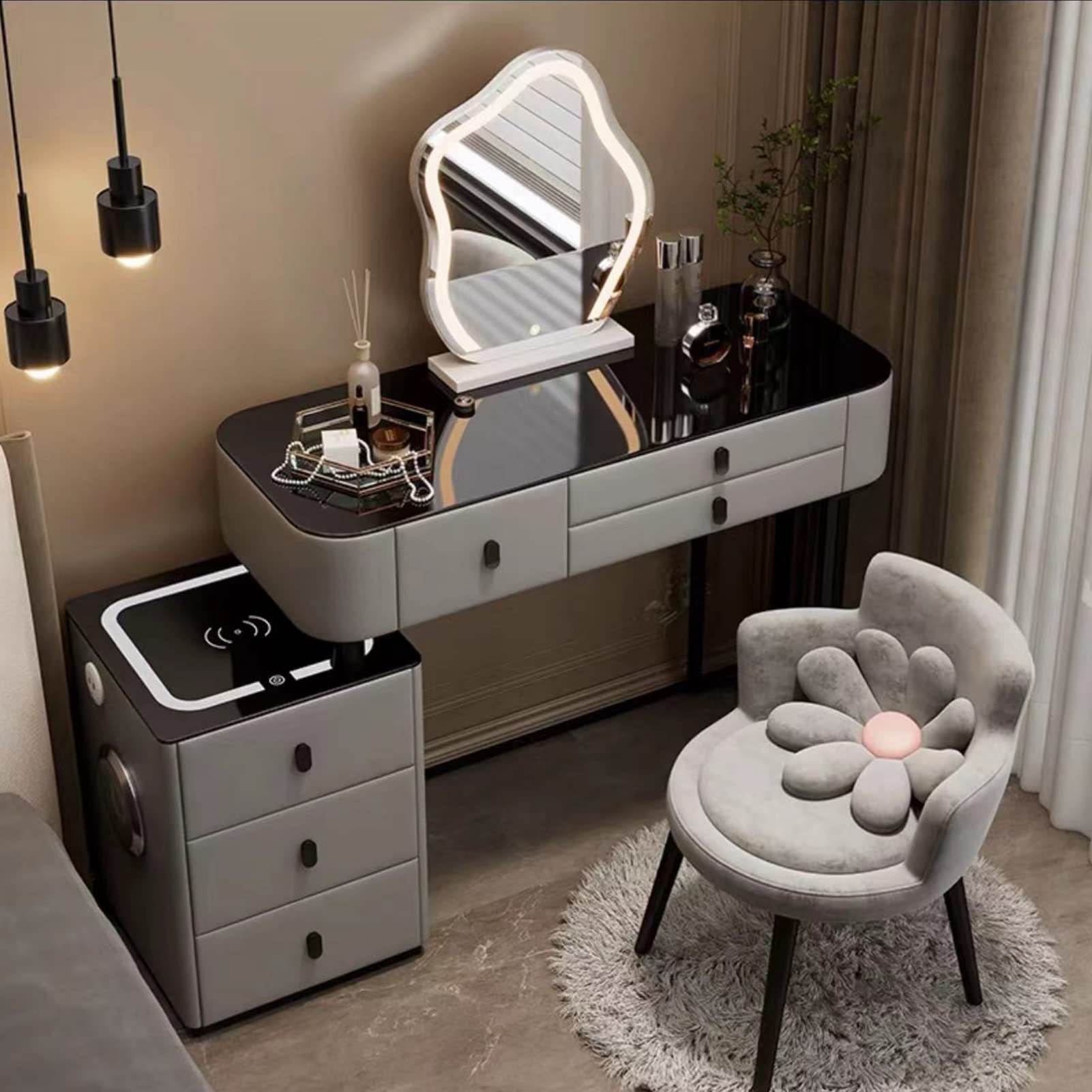 Elegancka szara toaletka z lustrem LED, 3 tryby kolorów, 3 szuflady, stylowy stół do makijażu i szafka do przechowywania do sypialni, elegancka dekoracja domu i niezbędne akcesoria kosmetyczne