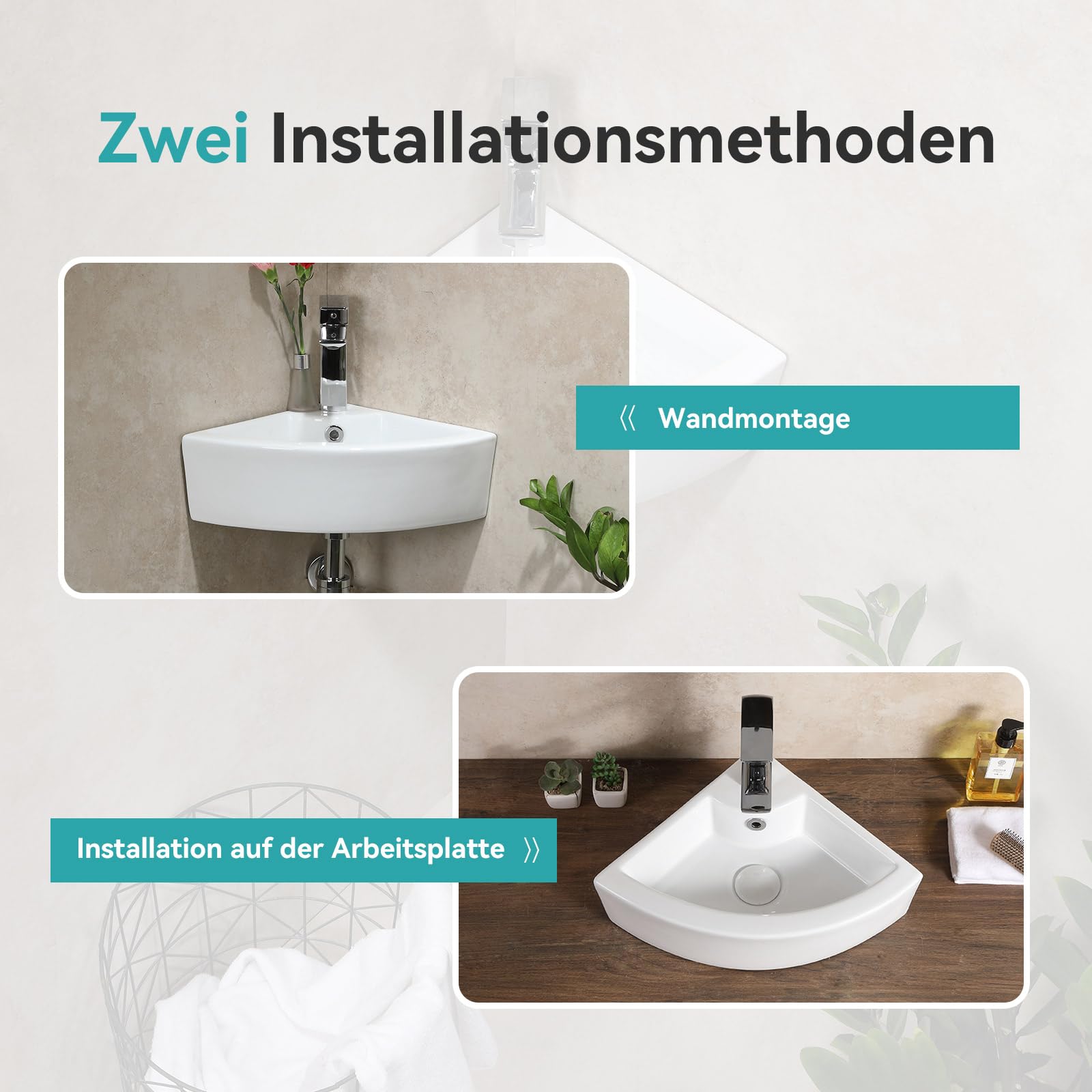 Teal Home Lavabo Esquinero de Cerámica para Baño - Mini Lavabo de Pared para Invitados, 46 x 32 x 12,5 cm, Con Rebosadero