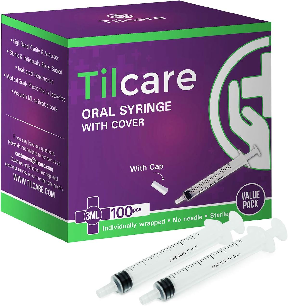 3ml Oral Dispenser Syringe with Cover 100 Pack by Tilcare - Sterile Plastic Medicine Droppers for Children, Pets & Adults – Latex-Free Medication Syringe Without Needle - Syringes for Glue and Epoxy