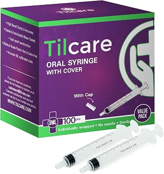 3ml Oral Dispenser Syringe with Cover 100 Pack by Tilcare - Sterile Plastic Medicine Droppers for Children, Pets & Adults Latex-Free Medication Syringe Without Needle - Syringes for Glue and Epoxy