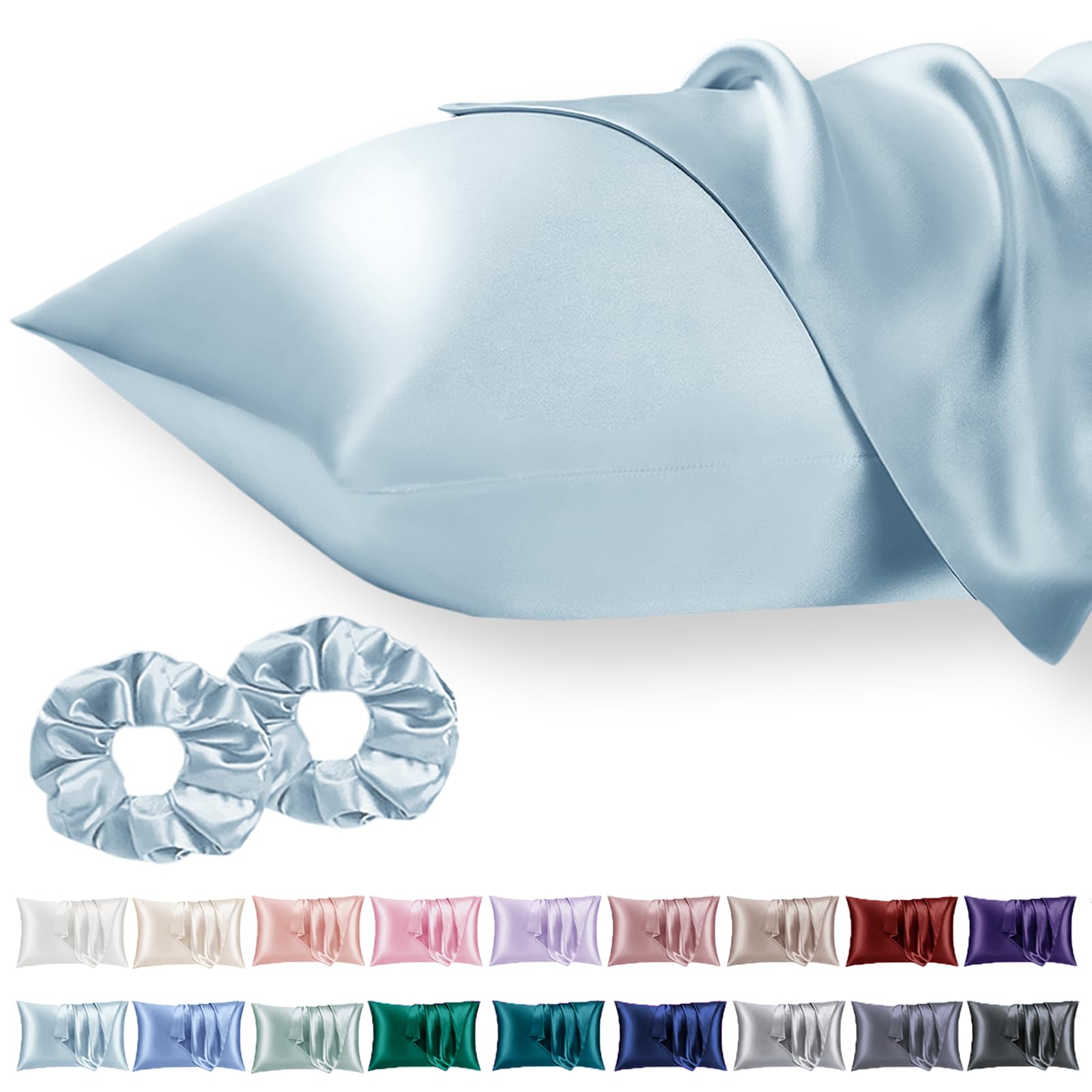 Vielit 2 Pack Satin Pillowcase for Hair and Skin Cooling,Soft as Silk Pillowcase for Hair and Skin,Easier Care than Silk Pillow Case Light Blue 50x75cm Gifts for Women Envelope & 2 Scrunchies