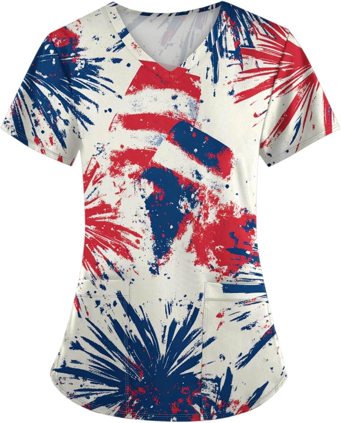 HXHYQKP Fourth of July Scrub Tops Women Scrubs for Women Patriotic Shirts V Neck Pattern Short Sleeve Nursing Top