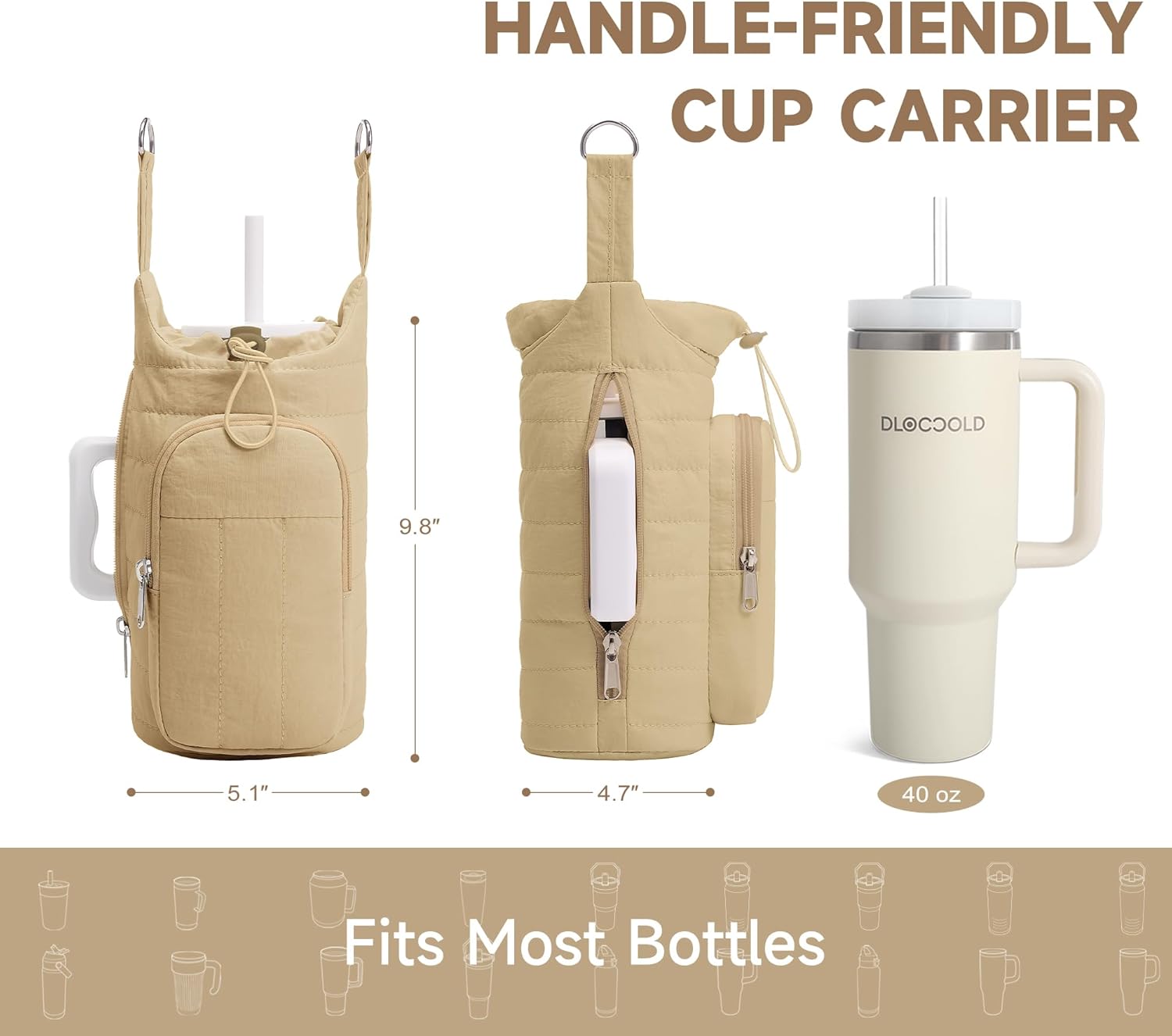 WOOMADA Water Bottle Holder Bag with Strap, 40/32 oz Crossbody Bag Gym Accessories, Sling Purses for Women(Khaki)
