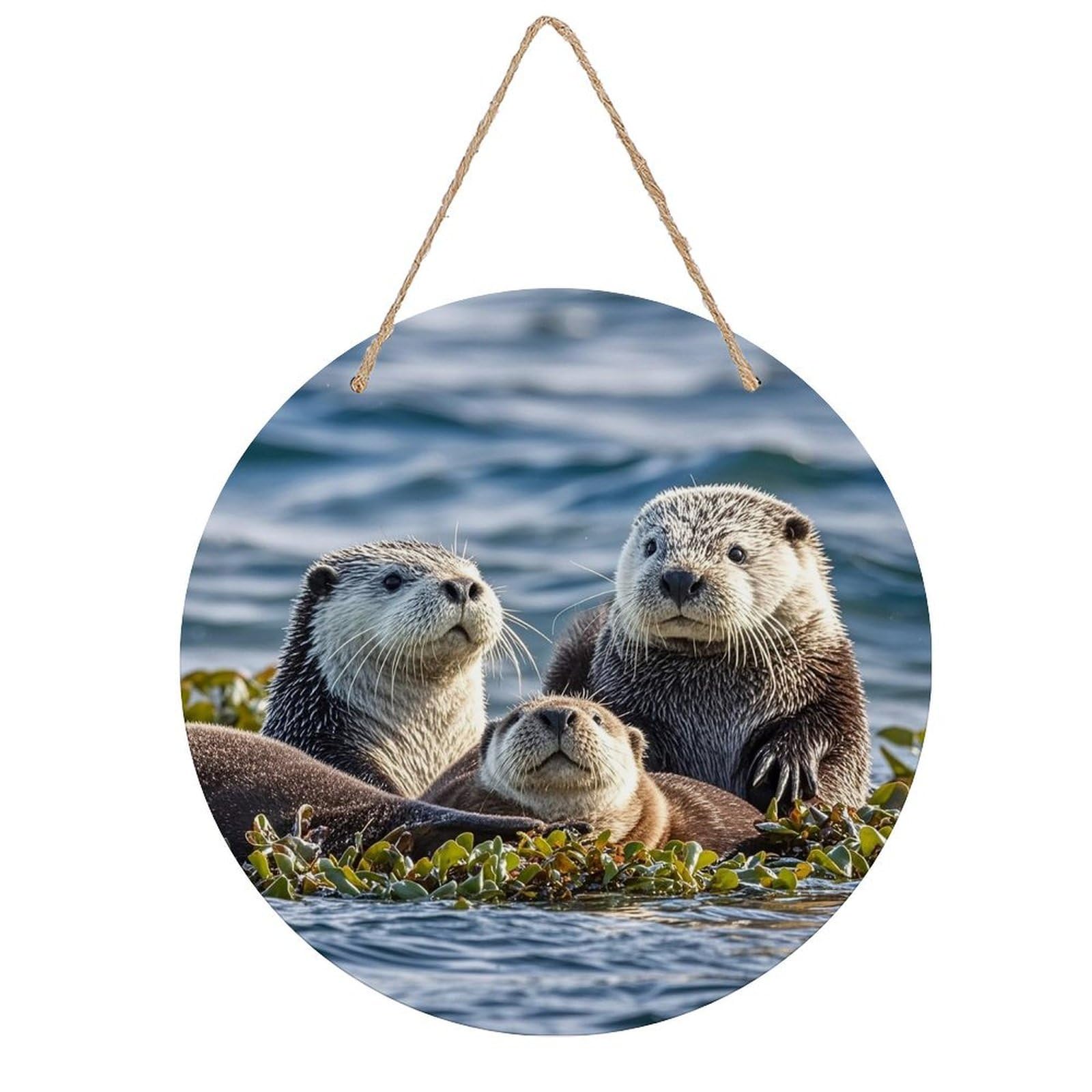 FekiLoot Round Sea Otters Wall Art Decor Painting Wooden Hanging Sign with Ropes Bohemian Wall Hanging Retro Mid Century Modern Wall Art for Home Bedroom Living Room 7.9x7.9 in
