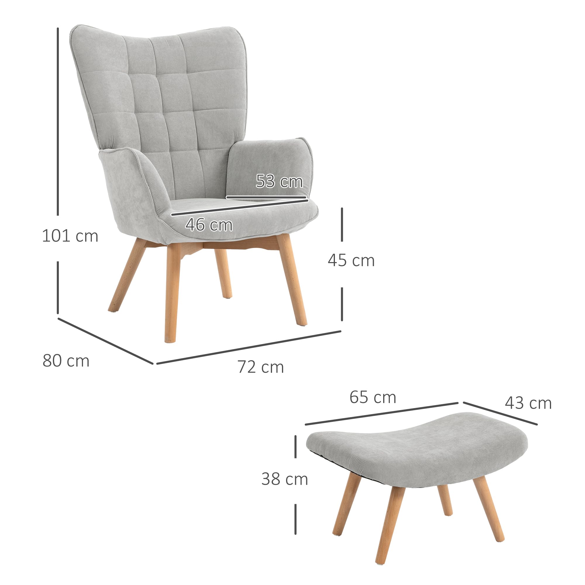 HOMCOM Ohrensessel mit Hocker Sessel Loungesessel mit Cord-Optik, Modern Relaxsessel, Armlehnensessel Lesesessel für Wohnzimmer, Schlafzimmer, Grau