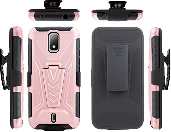 Compatible for AT&T Calypso 2 Cricket Debut 4G Holster Case with Tempered Glass Heavy Duty Protector Anti Shock Full-Body Protective Phone Cover Rose Gold