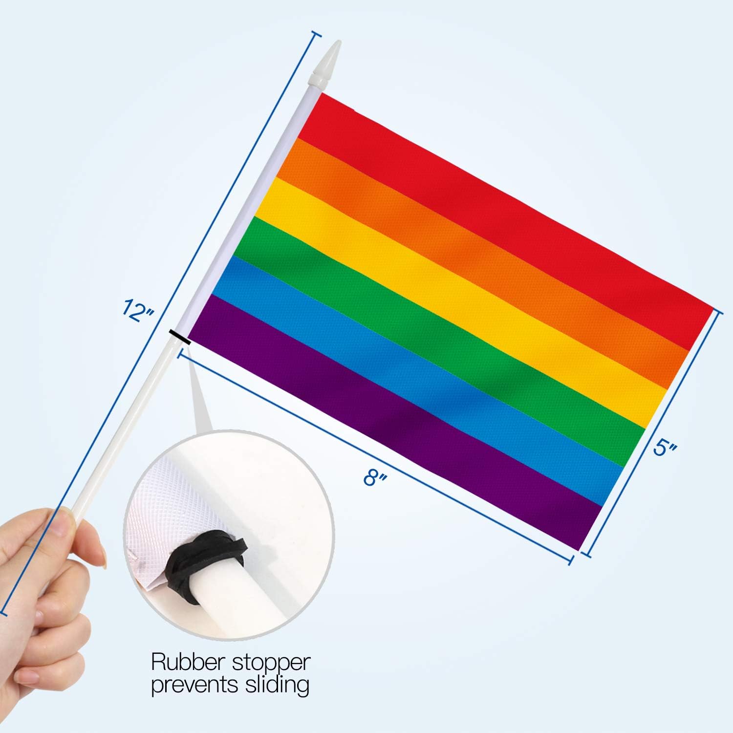 Anley Rainbow Mini Flag 12 Pack - Hand Held Small Miniature LGBT Pride Gay Flags on Stick - Fade Resistant & Vivid Colors - 5x8 Inch with Solid Pole & Spear Top - Image 4