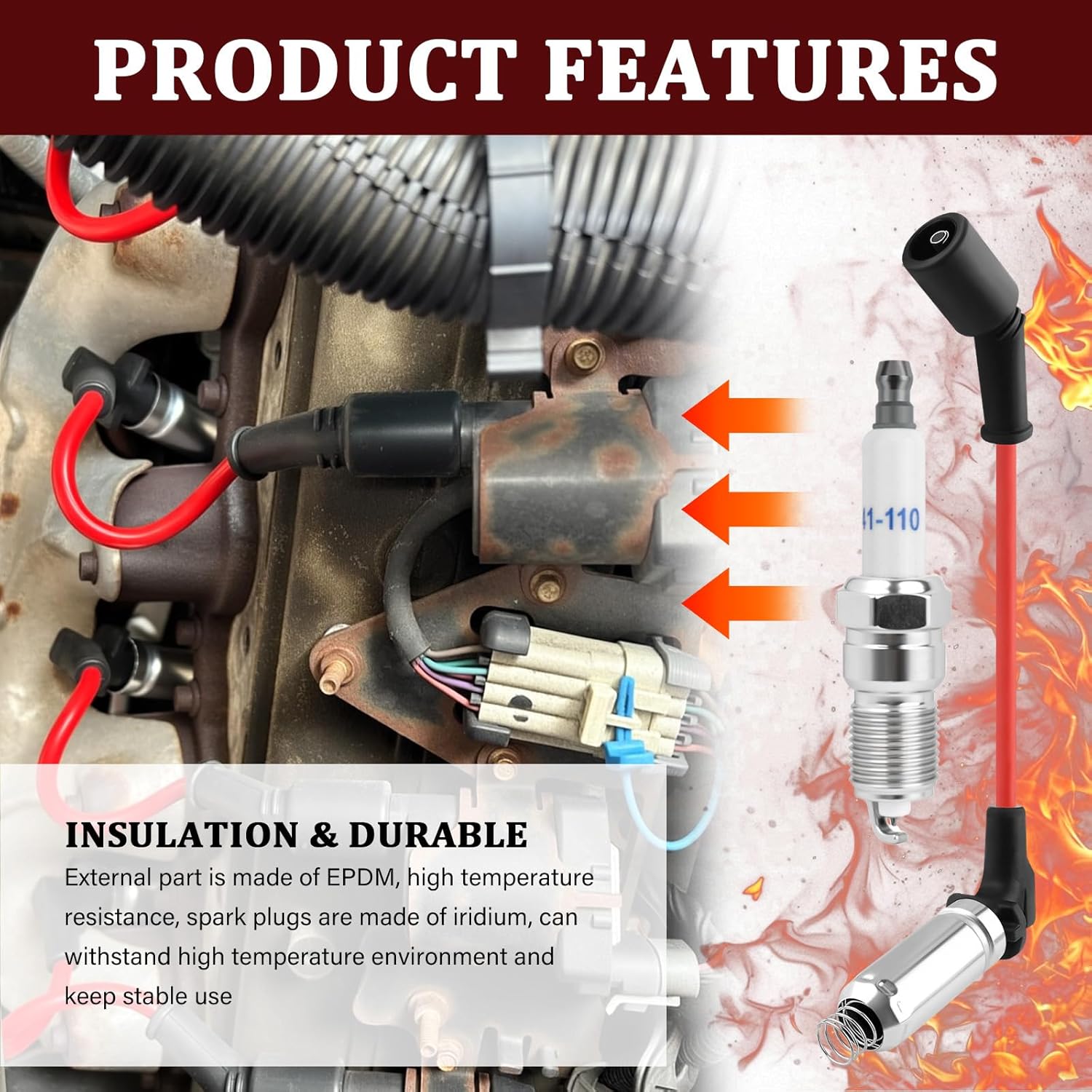 16PCS Spark Plugs and Wires Set Replacement OEM 48322,41-110 Spark Plug & Sparks Plugs Wires Set Compatible with Chevrolet/GMC/Cadillac/Hummer,Professional Sparks Plug and Wire