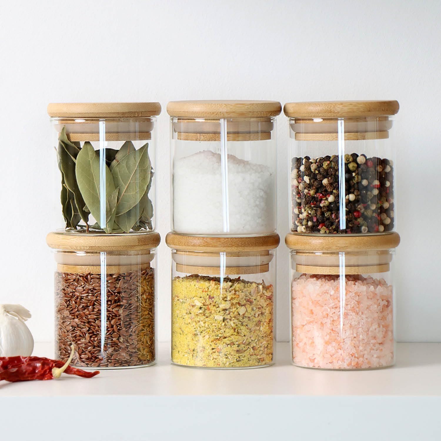 Glass Jars with wooden lid Glass Jar set food storage containers Borosilicate Glass Jar Set/Suit for Sugar, Salt, Coffee, Tea, and Other Dry Food Storage (GP10-200ML, 6-pc)