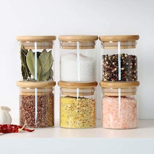 WRINGO Glass Jars with wooden lid Glass Jar set food storage containers Borosilicate Glass Jar Set/Suit for Sugar, Salt, Coffee, Tea, and Other Dry Food Storage (GP10-200ML, 6-pc)