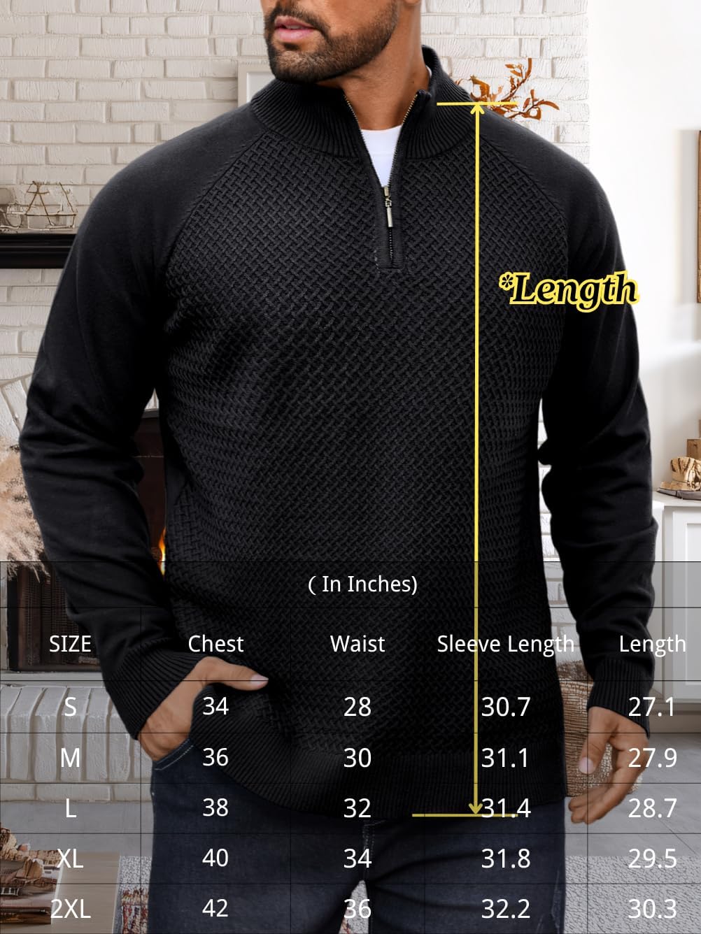 Mens 1/4 Quarter Zip Sweater, Waffle Knit Raglan Long Sleeve, S-2XL Fitted Mock Neck Casual Pullover Sweatshirt - Image 2