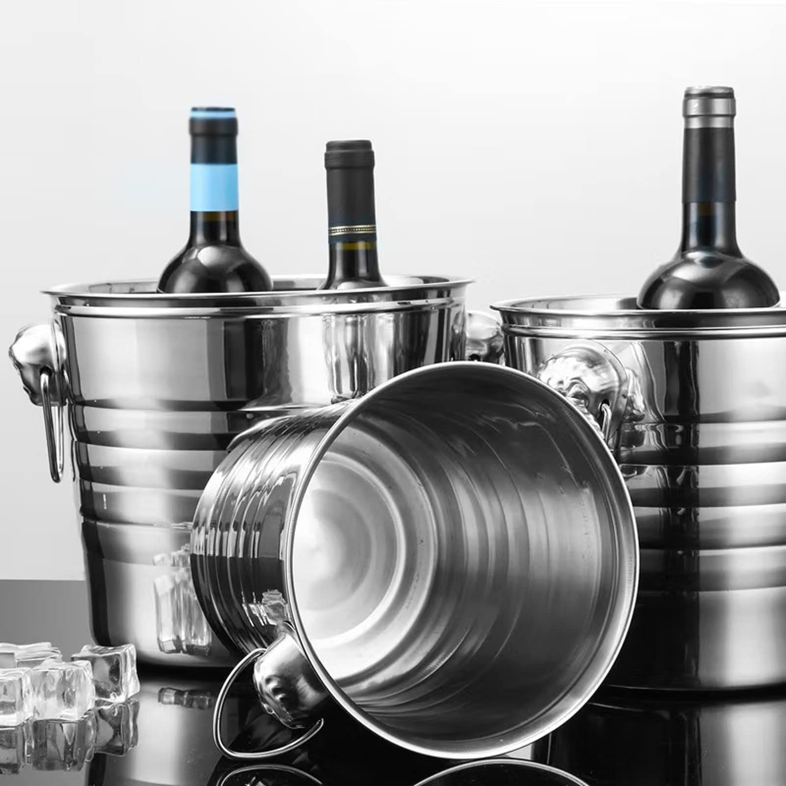Cubos de hielo Cubo de hielo Cubo de hielo para champán con asa montada en anillo Enfriador de vino de acero inoxidable para bar de cócteles Cerveza Vino tinto Licor Bebidas Fiesta, Hielo congelado