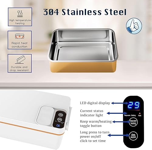 Miniatura 6 de Lonchera eléctrica inalámbrica, calentador de alimentos autocalentable, caja Bento portátil recargable de acero inoxidable para trabajo, viajes,