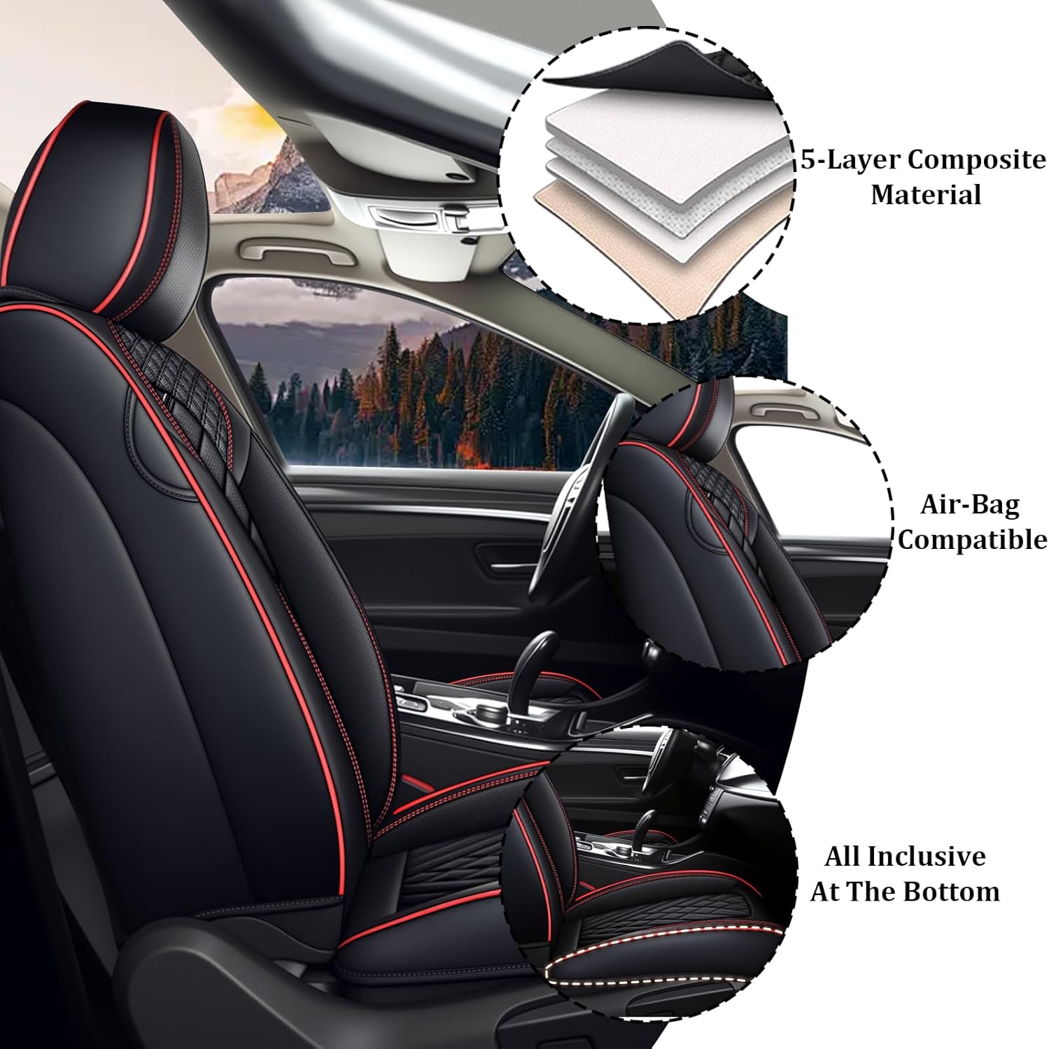 Car Seat Covers Front Seats for Ford Explorer 2000-2026, Waterproof Nappa Leather Car Seat Cover, Full Coverage Car Seat Covers Sets(2 Seats with Headrests/Black Red)