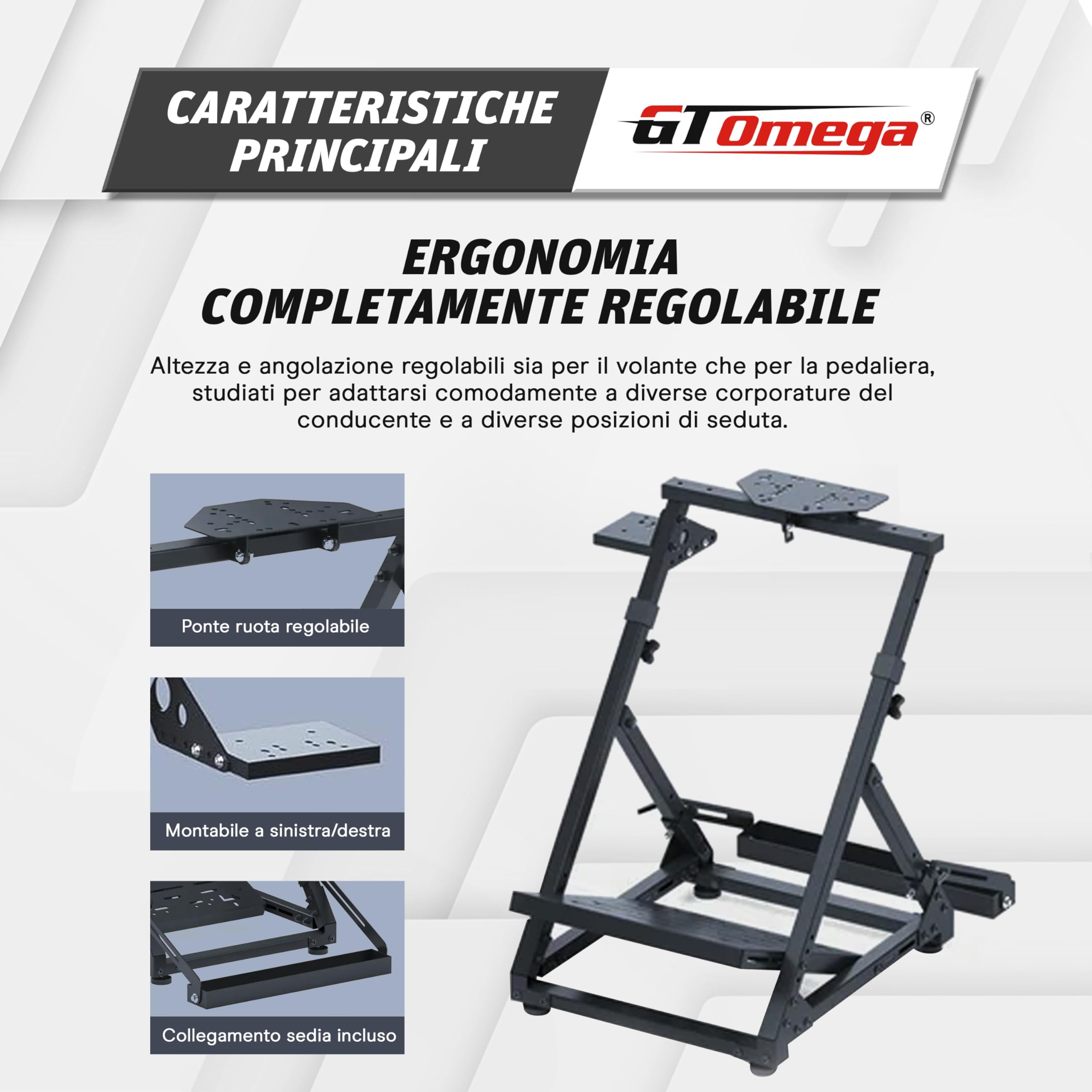 GT OMEGA DD-X - Supporto per volante: offre un'incredibile stabilità, regolazione dell'angolazione e dell'altezza, include un supporto regolabile per il cambio