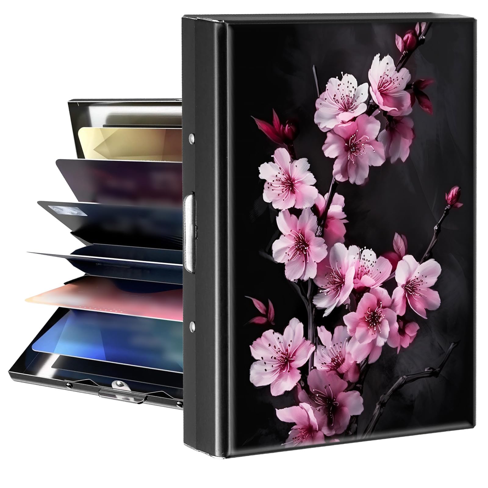 BPQOJB Business Card Holder Metal Rfid Card Holder Unique Cherry Blossom Trees Pattern Style Design Credit Card Wallet With 6 Card Slots Black Credit