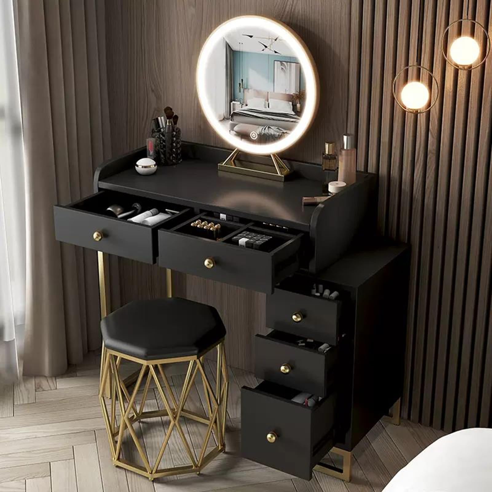 asdchZen Extendable Dressing Table Mirror With Led Lighting Modern Vanity Desk 80Cm Gray Finish 5 Drawers Stylish Makeup Station For Home And Bedroom