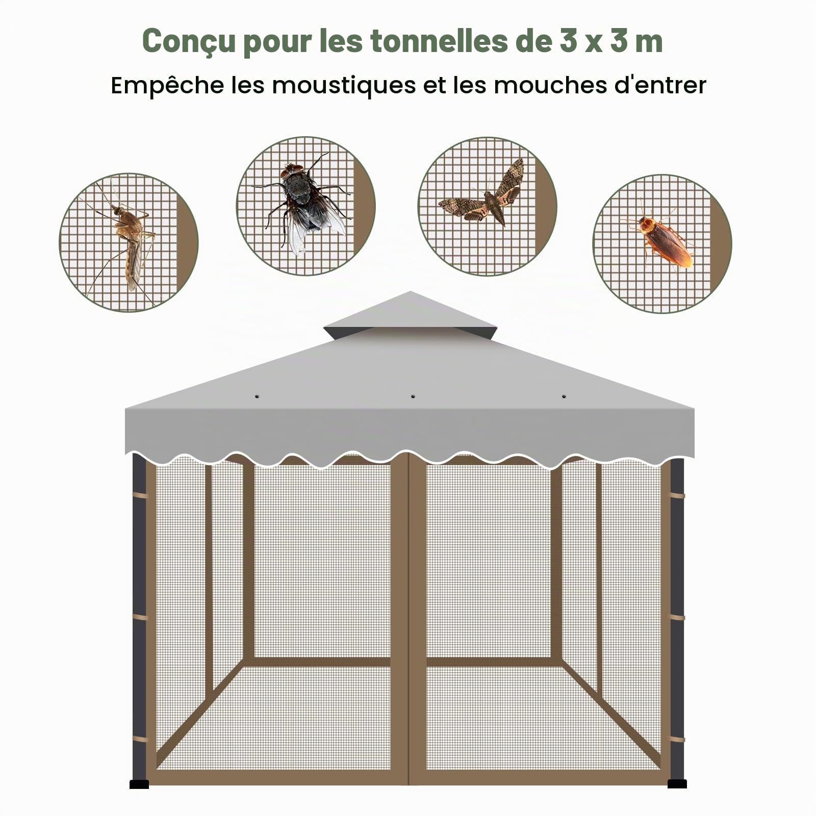 Moskitonetz für Pavillon 3x3m mit Reißverschluss – Wasserdichte 4 Seitenwände für 10x10FT für Garten, Terrasse, Camping, Kaki