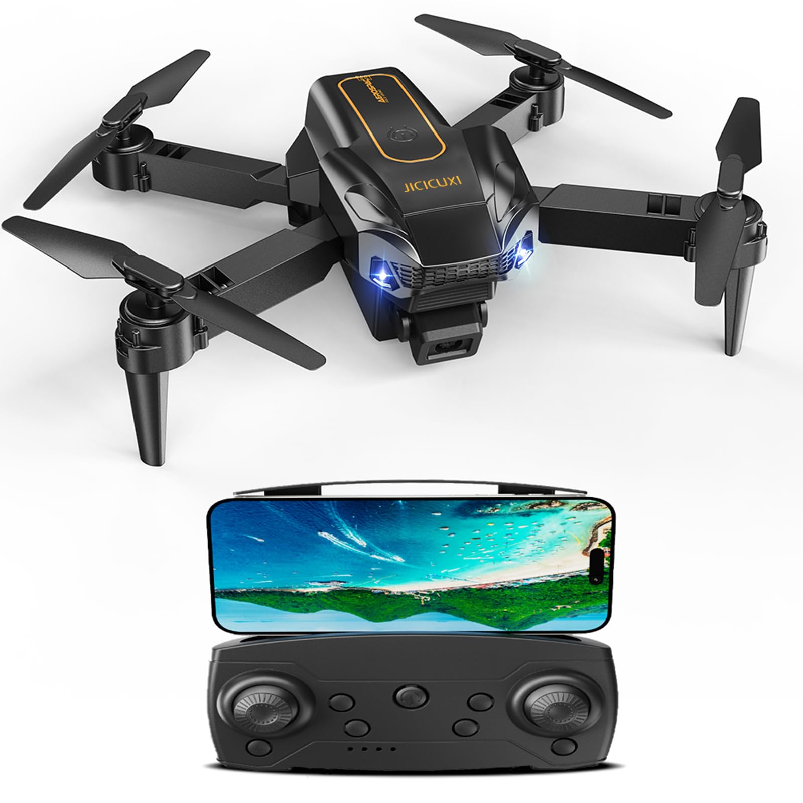 drone contelecamera a 1080p, drone pieghevole per bambini e principianti con volo stabile con posizionamento ottico, 2 batterie, 360° flip, modalità beginner, set di case incluso - oro