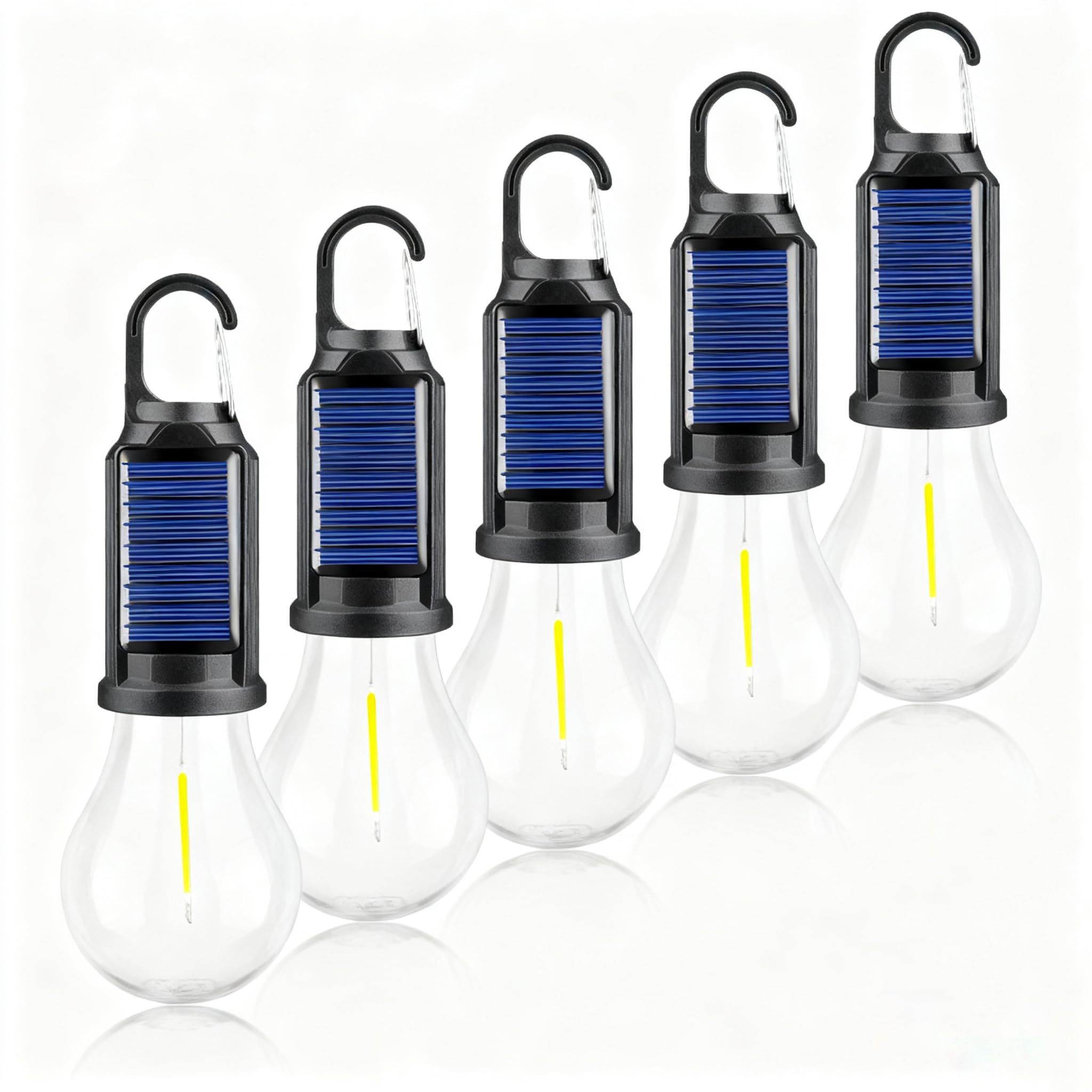 Lot de 5 lampes solaires LED de camping, lanternes de tente d'extérieur rechargeables avec crochet à clip, lumière d'urgence pour camping, randonnée, maison, pannes de courant, pêche et cadeaux