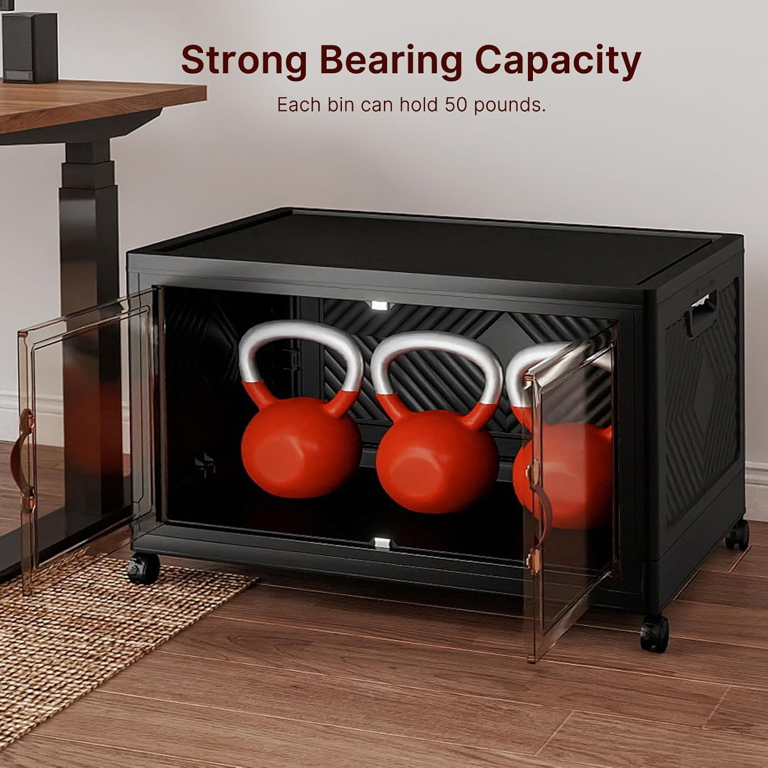 160Qt Stackable Storage Bins with Lids, Large Collapsible Bins with Wheels, Plastic Cabinet with Doors, Foldable Closet Organizers and Storage for Home, Dorm, Office, Black