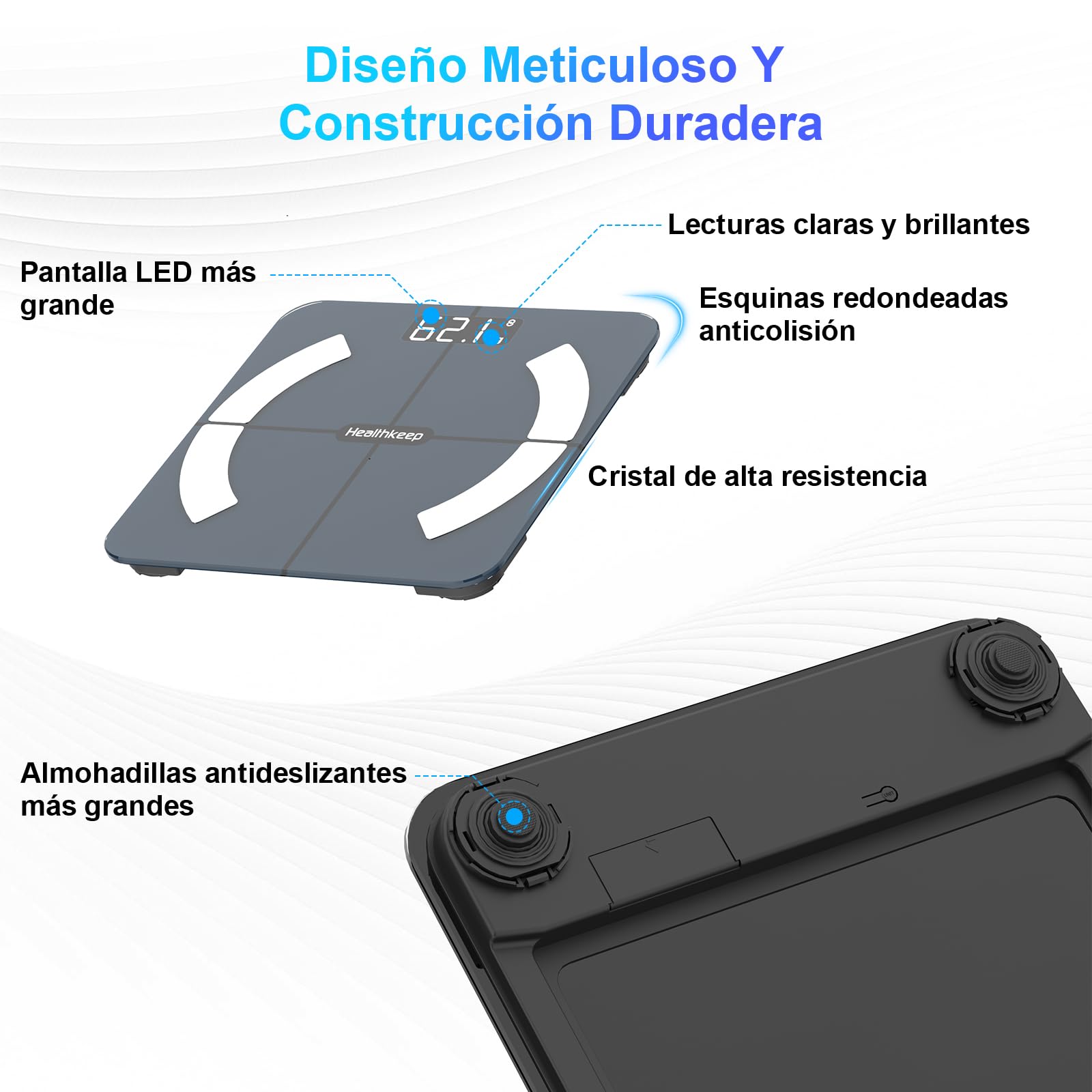 Healthkeep - Báscula conectada con Bluetooth (13 análisis de la composición corporal, incluye capacidad de 180 kg/400 lb, 28 x 28 cm