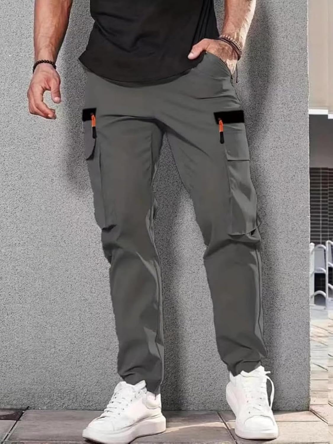 Mens Cargo Trousers Elastic Waist Lightweight Hiking Pockets