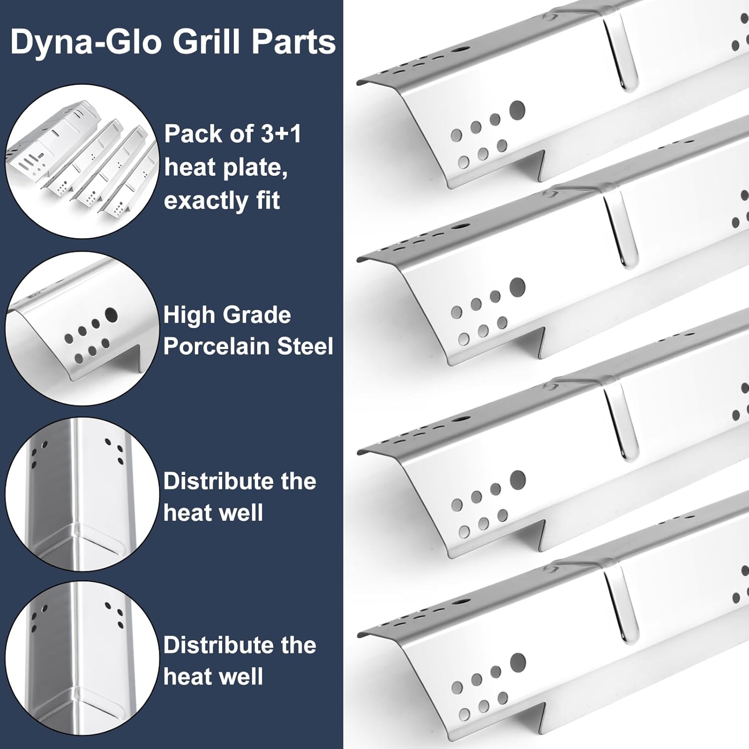 Criditpid Grill Replacement Parts for Dyna-Glo 5 Burner DGH474CRP DGH485CRP DGH483CRP, Stainless Steel Heat Plate Shields, Adjustable Drip Pan and Cast Iron Cooking Grates for Dyna-Glo DGH450CRP.