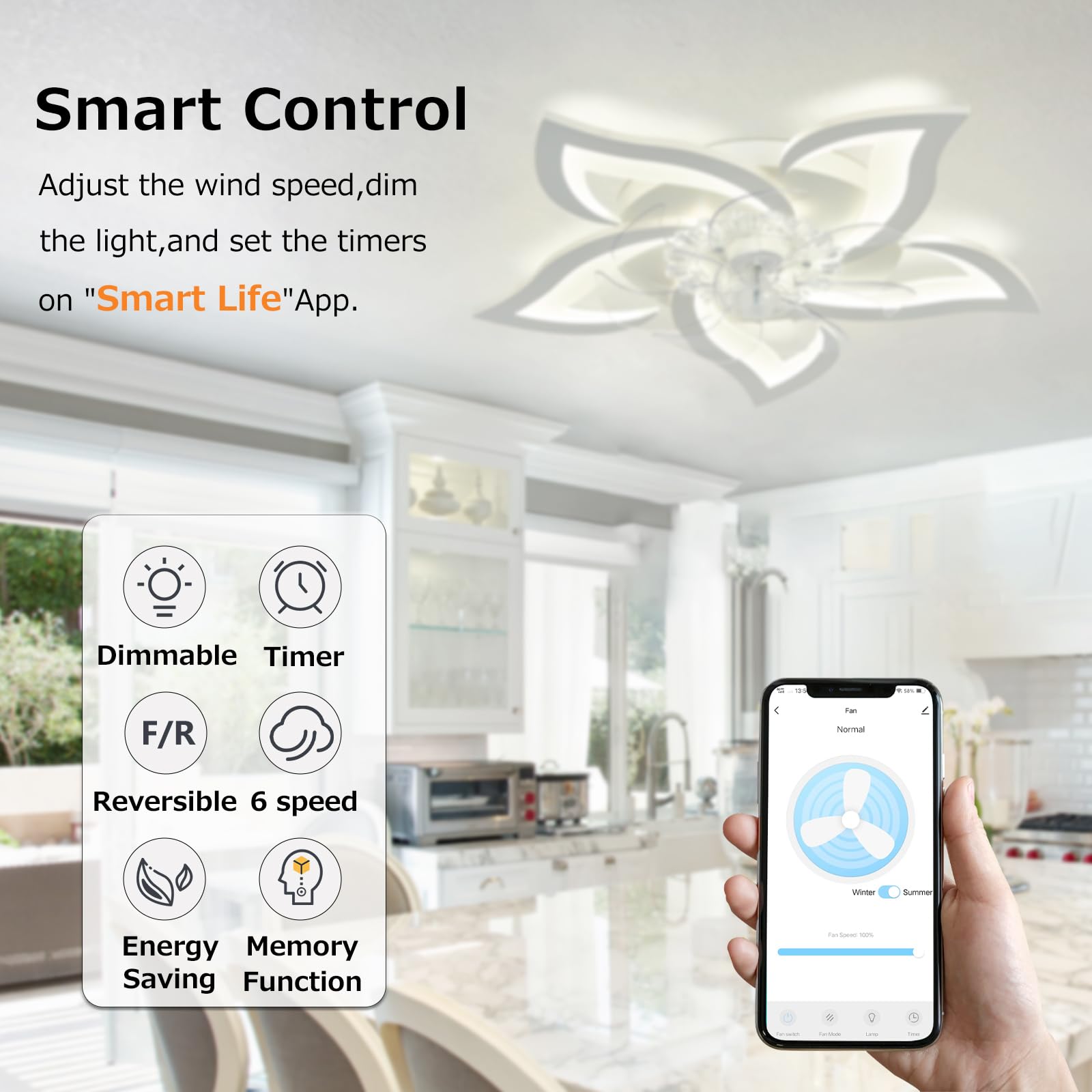 65cm Deckenventilator mit Beleuchtung Leise, Blumen-Deckenleuchte mit Ventilator Kompatibel mit Alexa und Google Assistant, Timer Dimmbarer Ventilator mit Lampe für Schlafzimmer, Schwarz