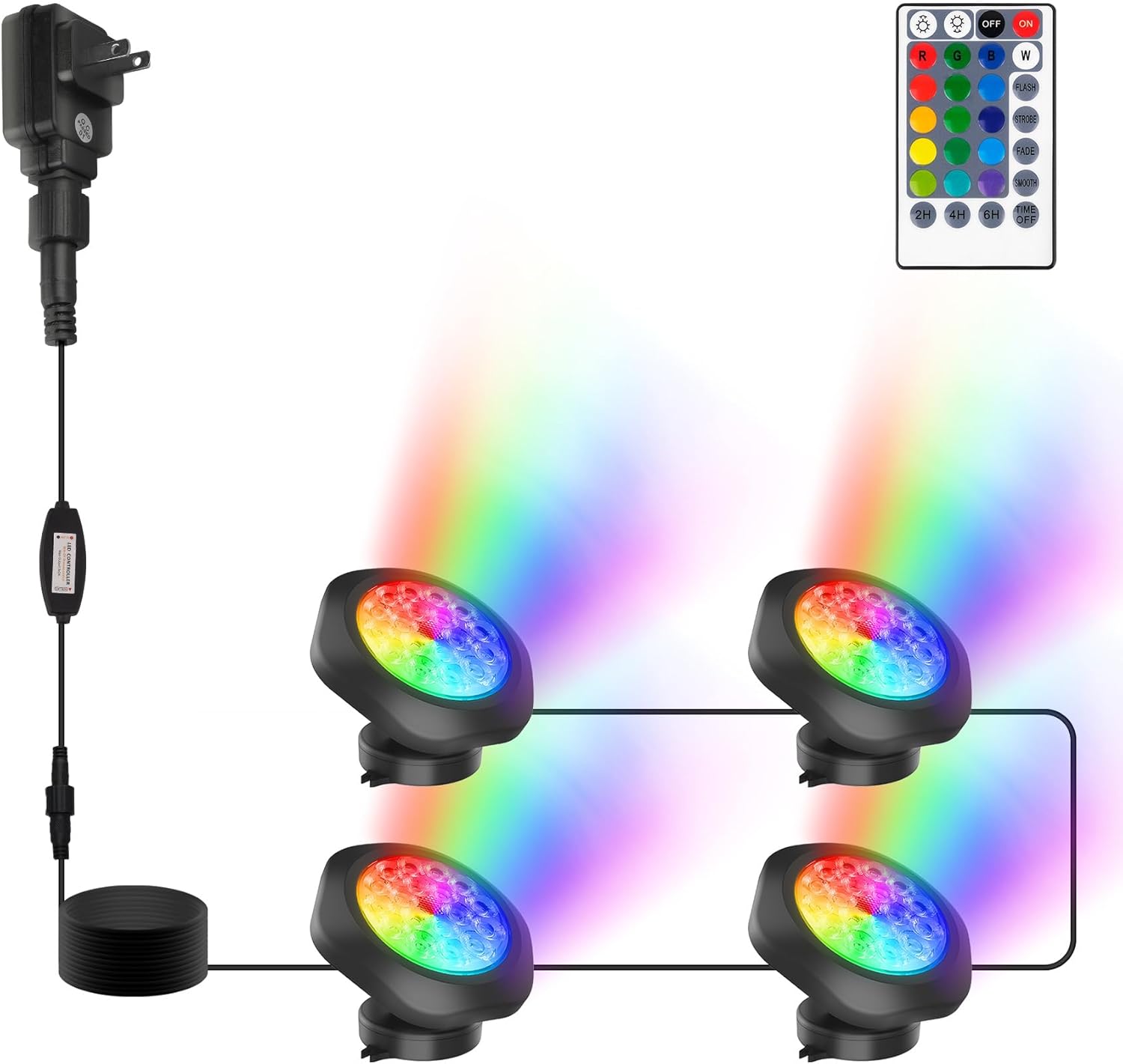RGBW Pond Lights with Timer, 18 LED Super Bright Underwater Submersible Fountain Lights Color Changing Spotlights, Remote Control IP68 Waterproof for Fish Aquarium Tank Pool Garden(Set of 4)