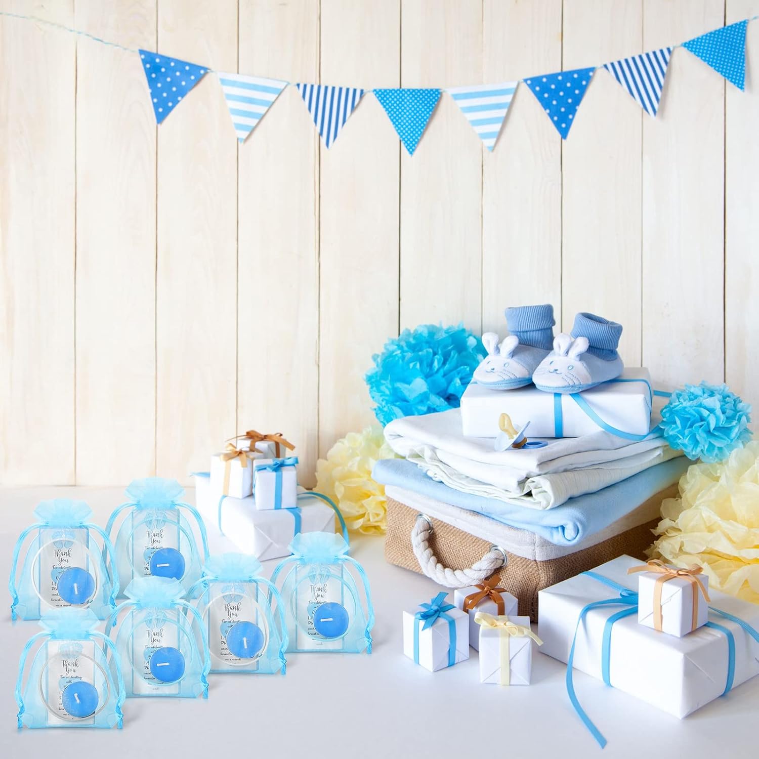 MTLEE 50 Sets Baby Shower Favors Tea Light Candles for Guests Cute Baby Shower Decorations with 50 Cards and 50 Organza Bags and 50 Silicone Bracelets for Boys Girls Gender Reveal (Blue,Cute)