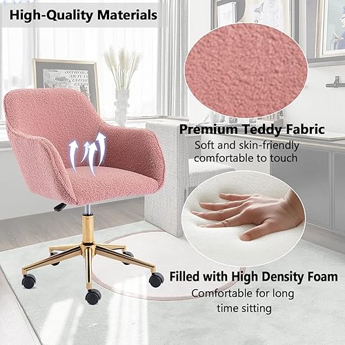 Miniatura 5 de Silla moderna de peluche para oficina en casa, bonita silla de escritorio tapizada con patas de metal dorado, silla giratoria ajustable con ruedas,